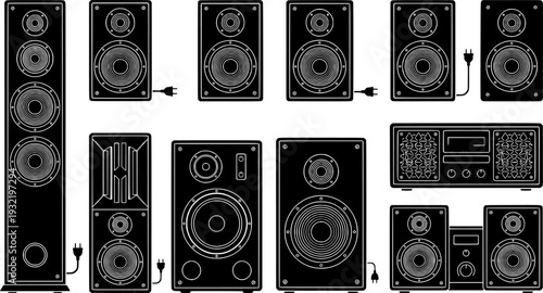 Black and white stereo speakers with a retro and bold illustration style
