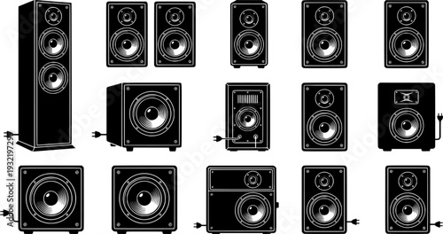 Black and white stereo speakers with a retro and bold illustration style
