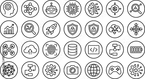 Artificial Intelligence Outline Thin Line Icons-Machine Learning Virtual Assistant Generative AI Robotics Data Science-Editable Stroke Vector Icon Set - AI Icons