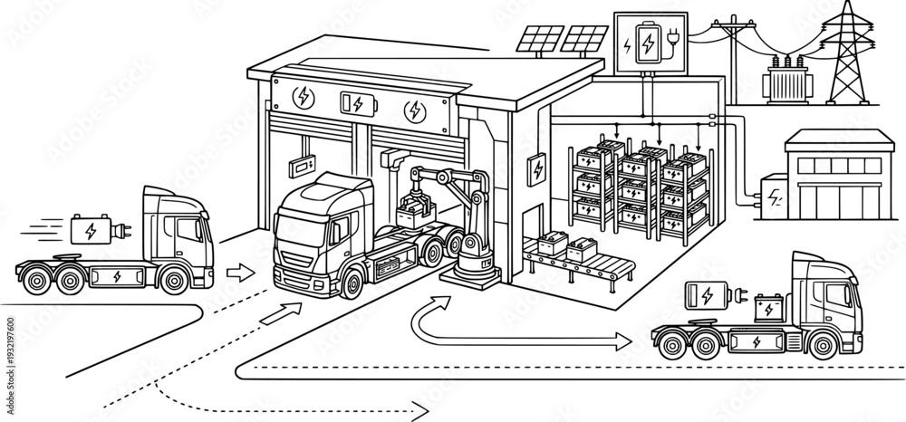 Obraz premium EV Battery Pack Truck Infrastructure Line Art Vector
