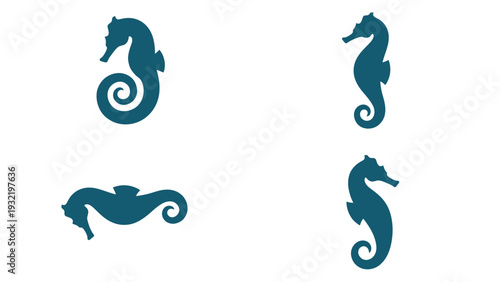 Four Stylized Teal Seahorse Silhouettes Vector Illustration on White Background