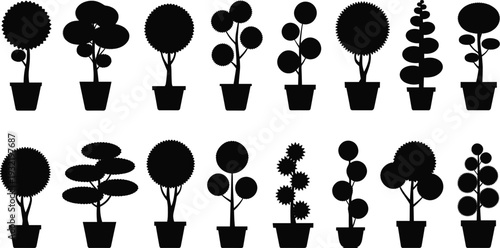 Black silhouette set of various potted topiary plants and ornamental garden shrubs in pots isolated on white background for design