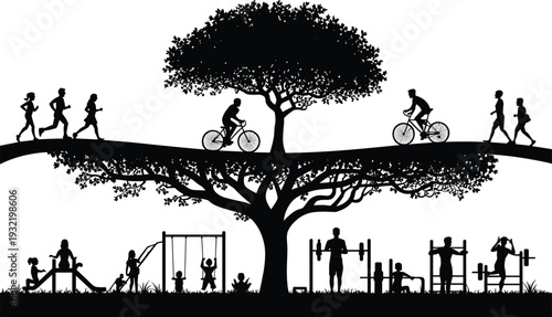Outdoor park activity silhouettes, people running cycling and exercising, playground and gym equipment icons, healthy lifestyle nature leisure vector symbols
