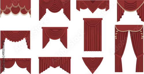 Red luxury curtains set, elegant theater valance icons, classic window drapes collection, velvet stage hangings, interior decor textile vector symbols. (20 words)
