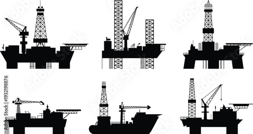 Set of offshore oil rig silhouettes, gas platform icons, industrial drilling crane machinery, petroleum extraction ship, energy industry vector symbols.