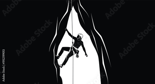 Black silhouette vector of a rock climber with helmet and harness rappelling down a steep mountain cliff for extreme sport and adventure concepts.