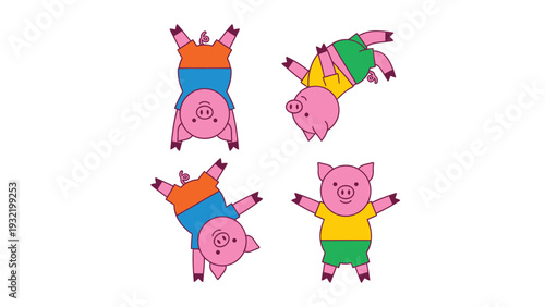 Playful cartoon pigs in various poses, including handstands, wearing colorful clothes on a white background. Cute vector illustration.