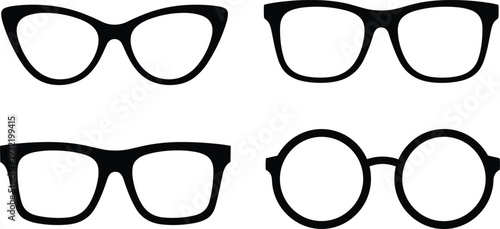 Black Vector Icon Set of Four Different Eyeglasses Frames Including Cat Eye and Round Styles for Optical Fashion Vision Care and Eyewear Accessory Design