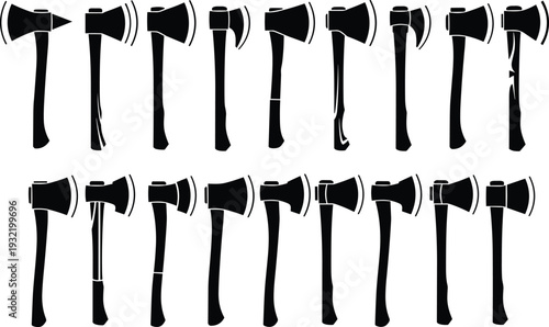 Large collection of black axe silhouettes including wood hatchets tomahawks and lumberjack tools for carpentry outdoor camping and woodcutting design projects isolated on white.