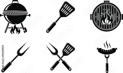 Set of black and white vector icons featuring charcoal grills with flames and barbecue tools including a spatula and fork for summer cookout designs.