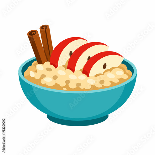 A blue bowl of oatmeal topped with red apple slices and cinnamon sticks, a warm breakfast illustration.