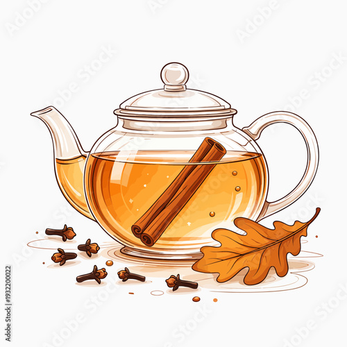 A clear glass teapot filled with amber tea and cinnamon sticks, surrounded by cloves and an autumn oak leaf on a white background.