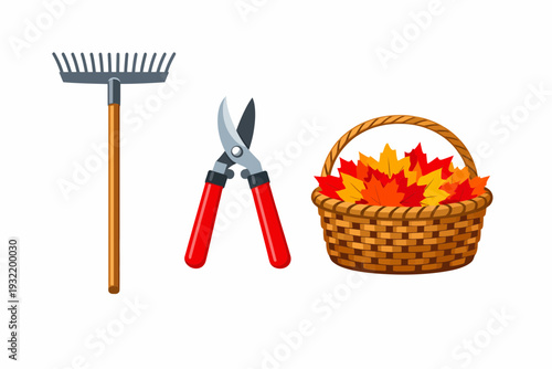 Gardening tools and autumn leaves in a basket, ready for yard work.