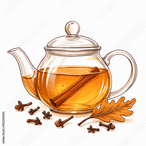 A clear glass teapot filled with amber tea, featuring a cinnamon stick, surrounded by cloves and a dried oak leaf on a white background.