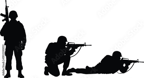 Set of Soldier Silhouettes Featuring Military Personnel in Standing Kneeling and Prone Shooting Positions with Assault Rifles for Tactical Vector Graphic Design Projects