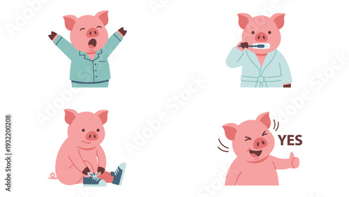 Cute cartoon pig daily routine and expressions set. Morning activities, getting ready, and positive approval.
