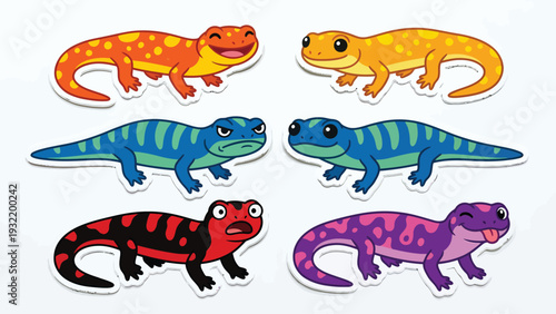 Colorful Cartoon Salamanders Set with Diverse Expressions. Cute Amphibians in Orange, Blue, Red, Yellow, Purple. Vector.