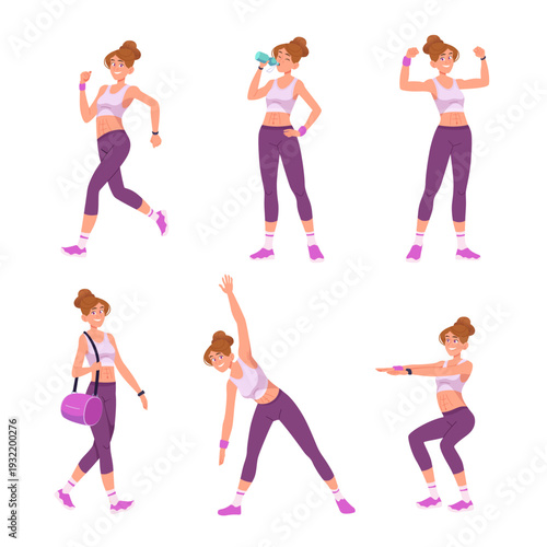 Young sports woman in different poses, fitness routine. Female gym set