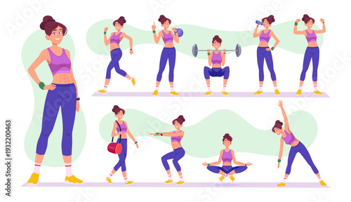 Young sports woman in different poses, fitness routine. Female gym set