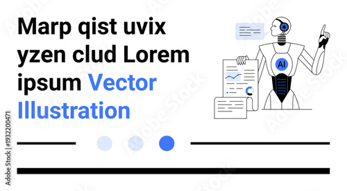 AI-powered humanoid presenting a data report with charts and analytics. Ideal for AI innovation, automation, technology trends, data science, futuristic concepts, education, simple landing page