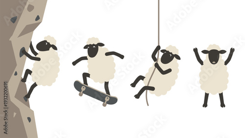 Adventurous Cartoon Sheep Collection: Rock Climbing, Skateboarding, and Rope Activities on White Background