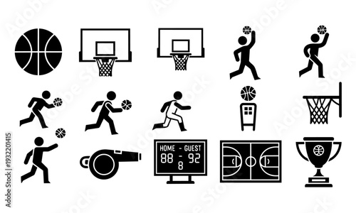 Basketball Silhouette Icon Set – Player Actions, Hoop, Court and Scoreboard Vector Collection