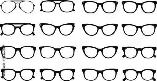 Collection of black eyeglasses and sunglasses frame icons in various fashion styles including cat eye aviator and modern rectangular shapes