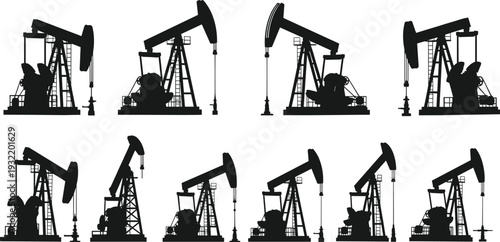 Collection of black oil pump jack silhouettes in various angles for petroleum industry energy production fuel drilling and industrial resources