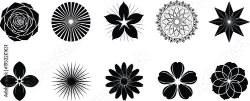 Collection of black flower silhouettes and geometric mandala symbols for floral logo design nature themes wedding invitations and decorative tattoos