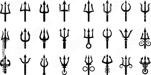 Collection of black trident icons and symbols in various styles for nautical themes mythology sea god neptune tattoos and logos