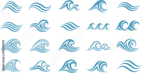 Collection of blue water wave icons featuring various ocean surf styles sea ripples and flowing aquatic curves for summer designs.
