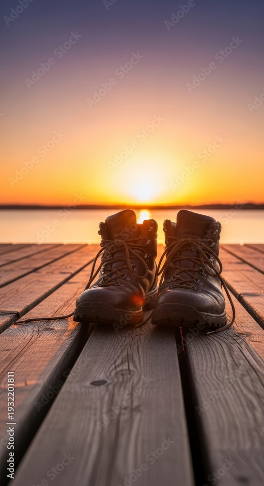 Fototapeta premium Durable hiking boots resting neatly on a weathered wooden dock, bathed in the warm, golden glow of a peaceful sunset. Shallow focus, freedom, waterfront, shallow depth of field