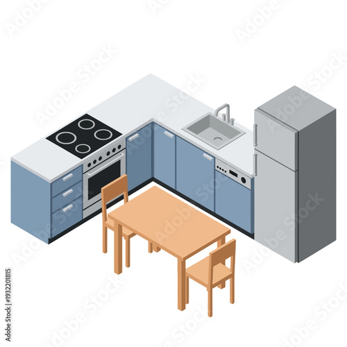 Modern kitchen with blue cabinets and white countertops.