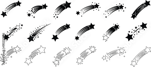 Collection of shooting star and comet icons featuring falling stars with decorative trails in solid black and thin outline styles.