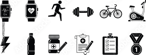 Comprehensive fitness icon set featuring smart watch heart rate monitor running athlete dumbbell stationary bike water bottle and medical checklist symbols.