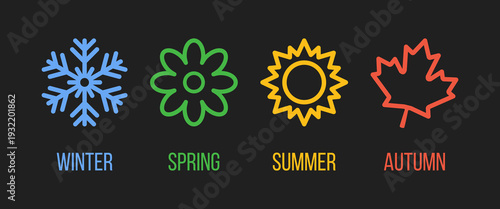 four seasons outline vector icons set, blue winter snowflake, green spring flower, yellow summer sun, red autumn leaf, black background