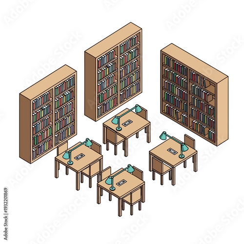 Isometric illustration of a library with bookshelves and study tables.