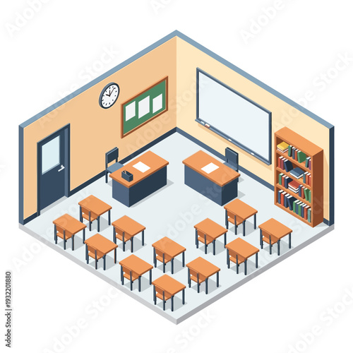 Isometric illustration of a classroom with desks and educational materials.