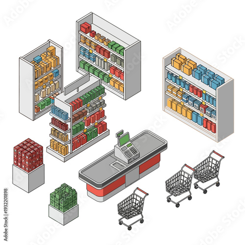 Isometric supermarket checkout and shelves with products and shopping carts.