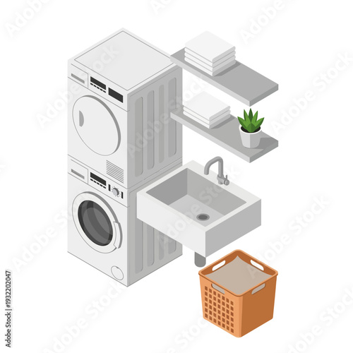 Laundry room setup with washing machine, dryer, sink, and storage.