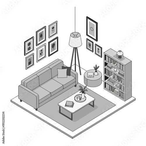 Isometric illustration of a modern living room with furniture and decor.