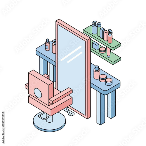 Isometric illustration of a salon chair and beauty station with mirror and products.