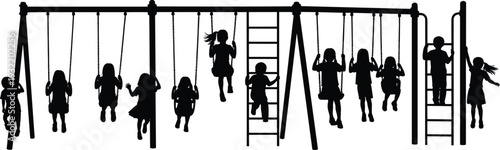 Set of children silhouettes playing on playground equipment with swings and ladders for childhood recreation park activity and school concepts
