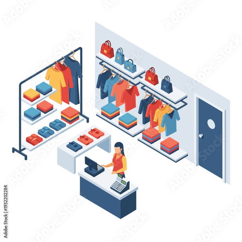 Woman processing payment at clothing store checkout counter.