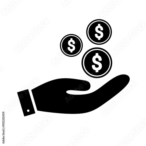 Black hand receiving dollar coins icon representing financial income and profit concept