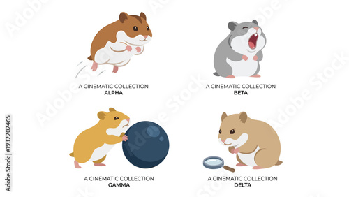 Cute Cartoon Hamster Vector Set: Playful Rodents Jumping, Yawning, Pushing Ball, and Exploring with Magnifying Glass