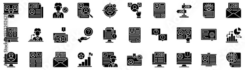 Recruitment glyph style icons collection. Vector illustrations. Training, News, Applicant, Search, Recruiter, Select, Rejected. Pro Vectors.