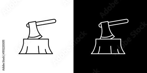 Outline icon illustration of an axe embedded in a tree stump, presented on both black and white backgrounds