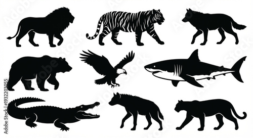 Collection of Silhouettes of Carnivorous Wild Animals including Lions, Tigers, Wolves, Bears and Eagles