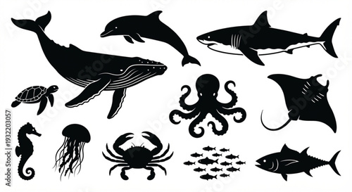 Comprehensive Black Silhouette Set of Diverse Ocean Marine Life, Featuring Whales, Sharks, Dolphins, and Various Sea Creatures